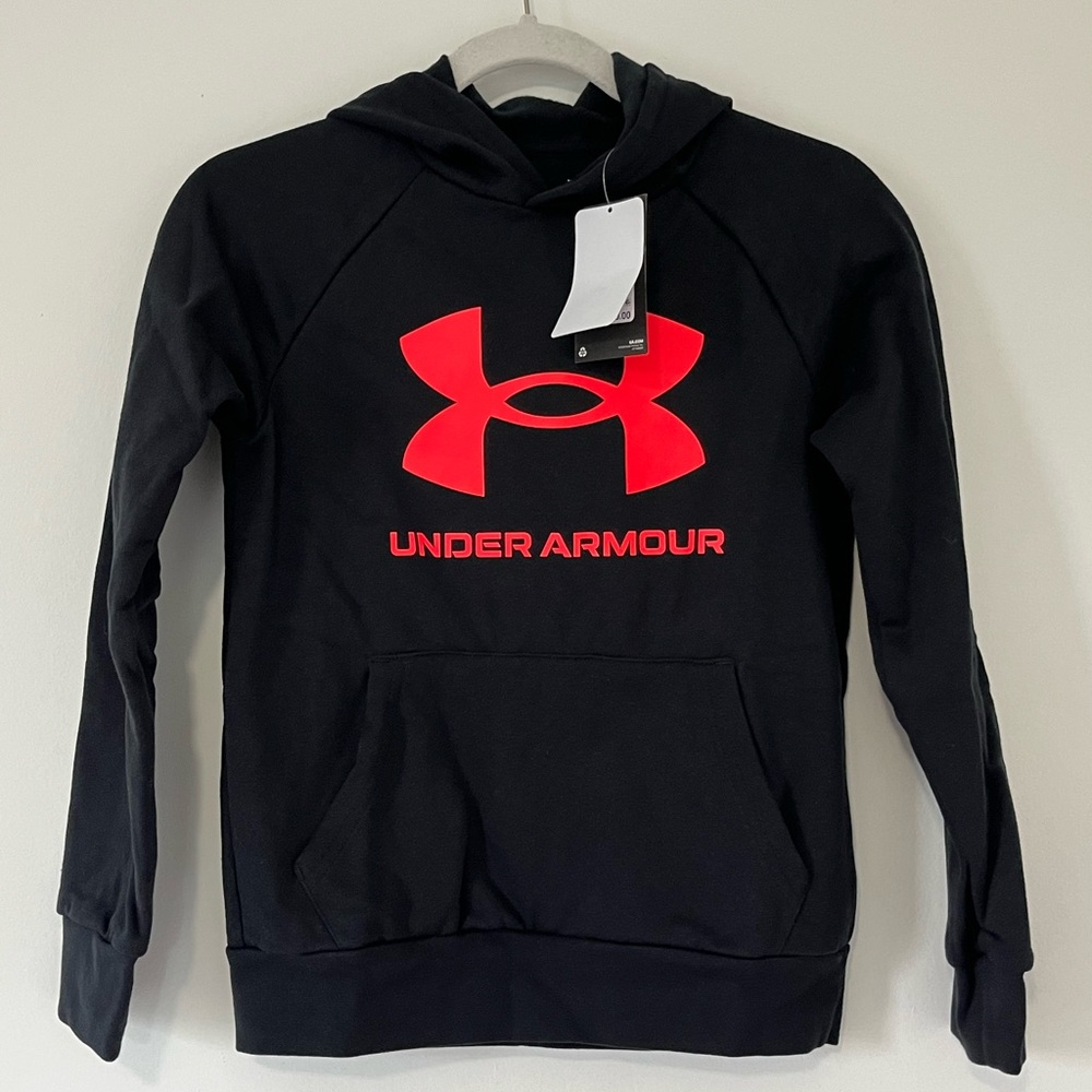 Under Armour Black Long Sleeve Hoodie with Red Logo Boys Size Youth M, NWT